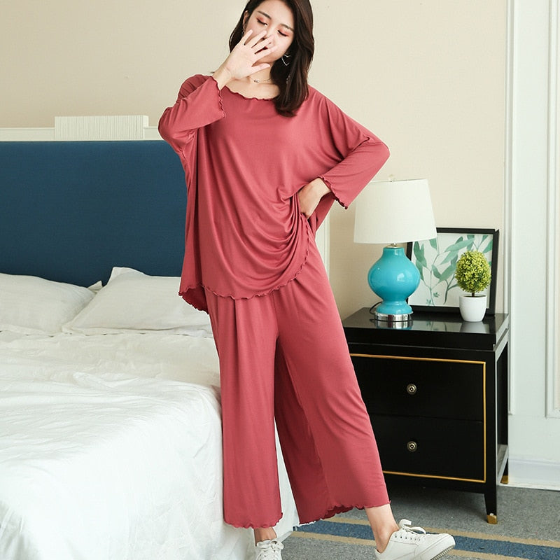 PLUS size home suits women autumn new loose long-sleeved pajamas two-piece set nine-point wide leg pants pijama sleepwear femme
