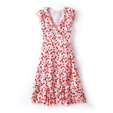 2023 spring and summer women's new fashion V-neck ruffled waist slimming silk printed A-line dress