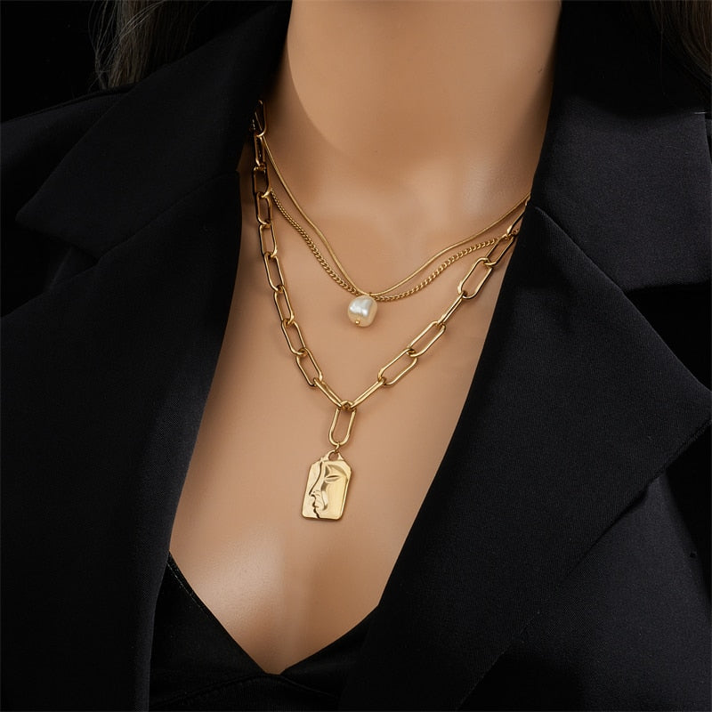 DIEYURO 316L Stainless Steel Geometric Portrait Coin Pendant Necklace For Women New Charm Multilayer Choker Chain Jewelry Gift